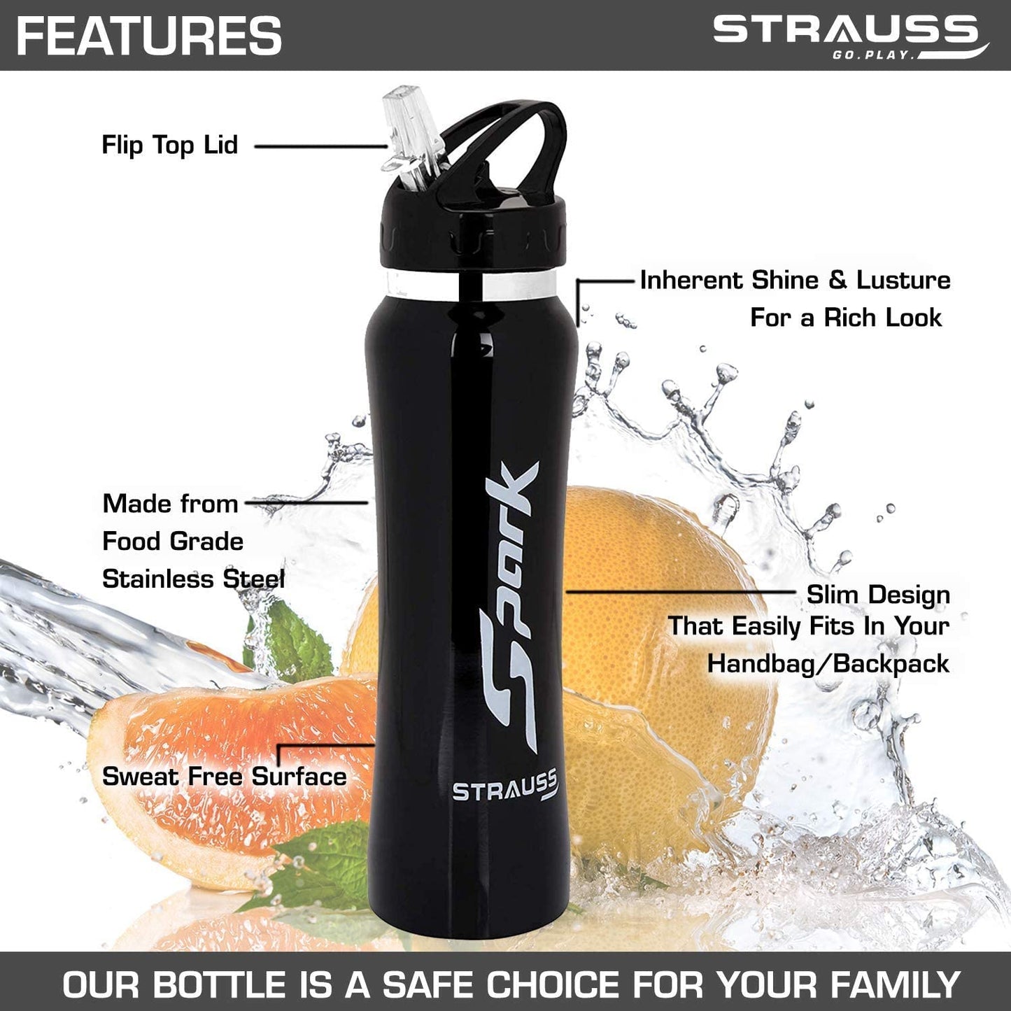 STRAUSS Spark Stainless Steel Water Bottle Metal Finish  Sipper Bottle  Gym Bottle