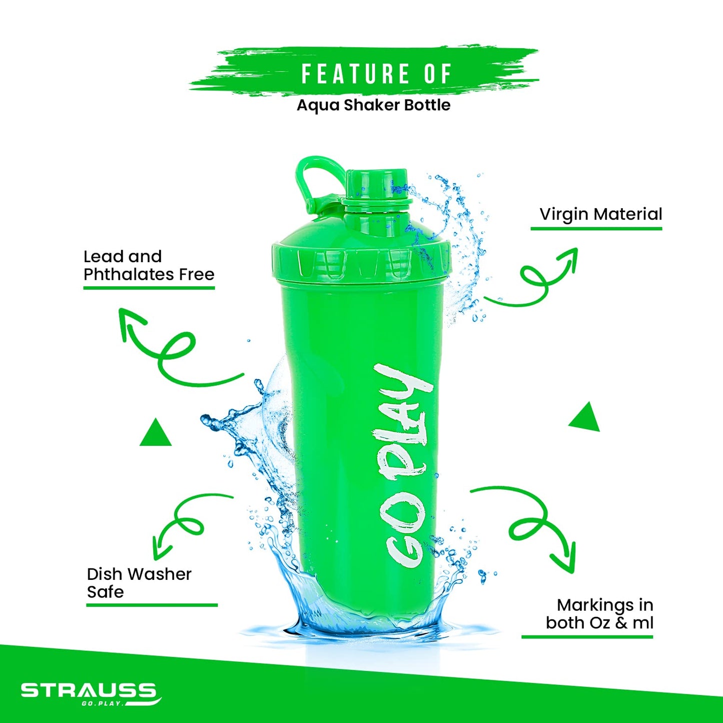 STRAUSS Aqua Shaker Bottle, 700ml, BPA-Free, Leakproof, Ideal for Protein Shakes, Pre/Post Workout, Men & Women, Fluorescent Green