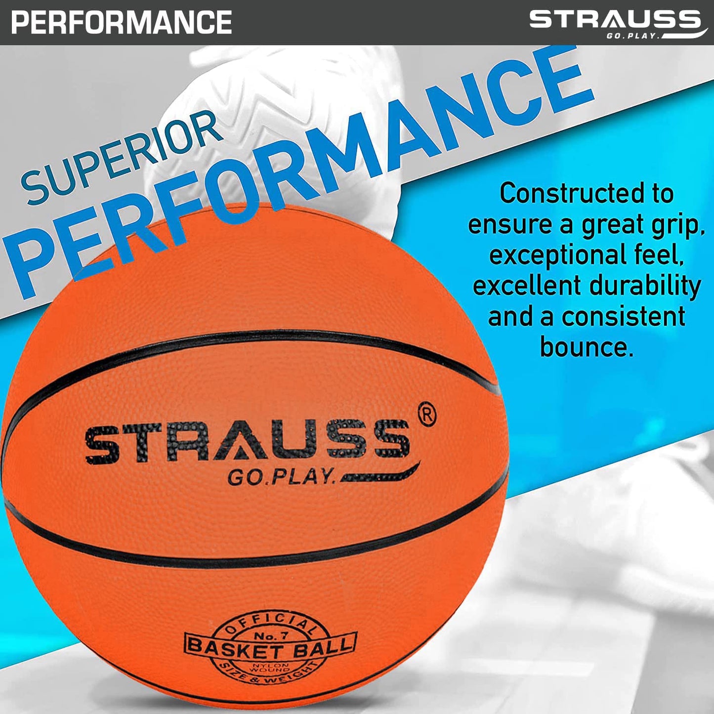 STRAUSS Zing Basketball Size 7 for Indoor-Outdoor Training, Matches, Hard Surface, Wooden Flooring, Synthetic Surface, Kids & Adults