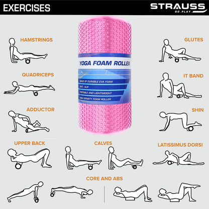 Strauss Yoga Foam Roller  Ideal For Exercise Muscle Recovery Physiotherapy Pain Relief  Myofascial  Deep Tissue Massage Roller 45 Cm Pink