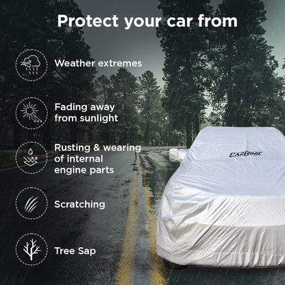 CARBINIC Waterproof Car Body Cover for Skoda Kushaq 2021: Dustproof, UV Proof, Mirror Pockets, Antenna, Triple Stitched, Double Layered, Soft Cotton Lining.