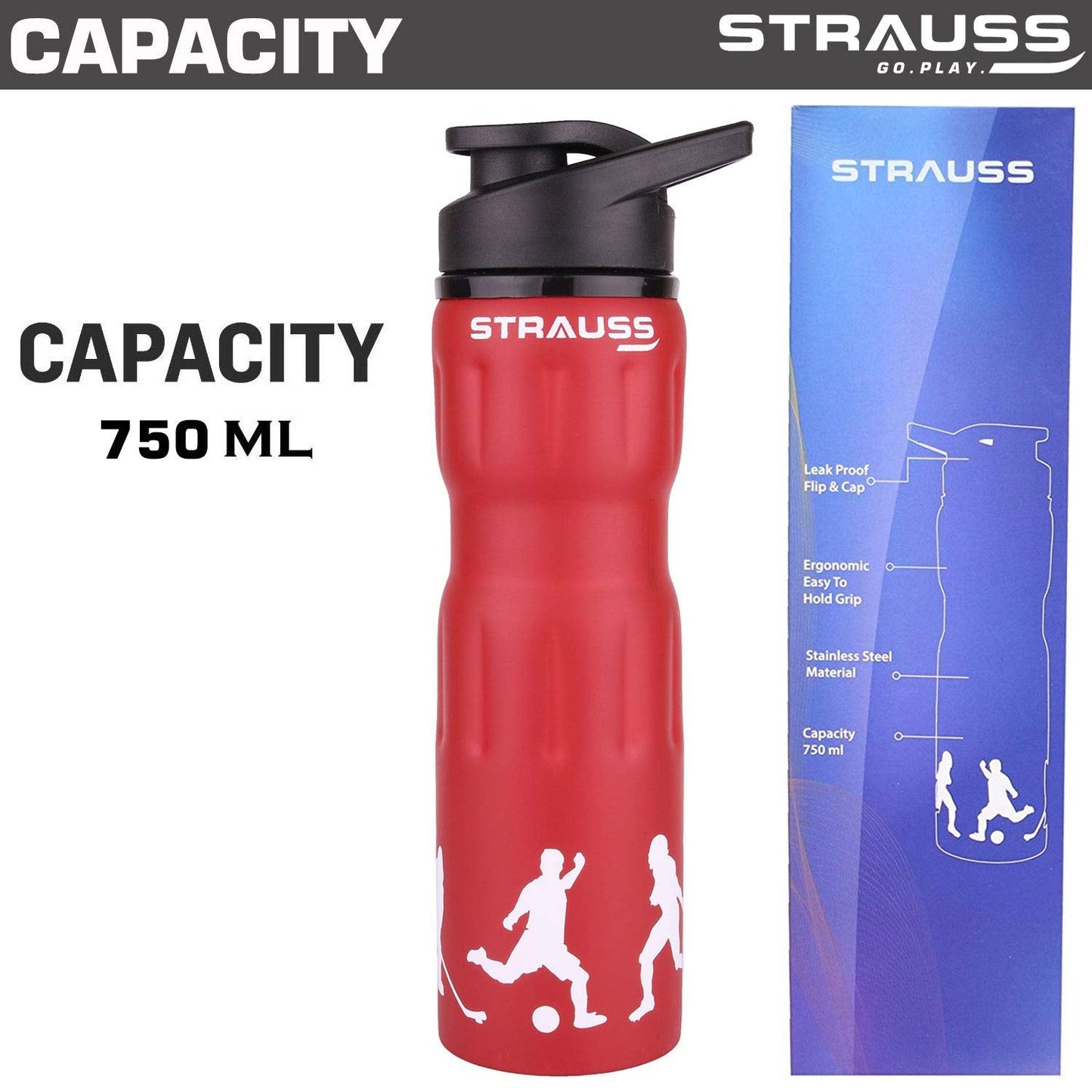 STRAUSS 750ML Stainless Steel Water Bottle, Leak Proof, Eco-Friendly, BPA-Free, for Gym, Home, Hiking, Trekking, Travel, Ideal for Kids, Red