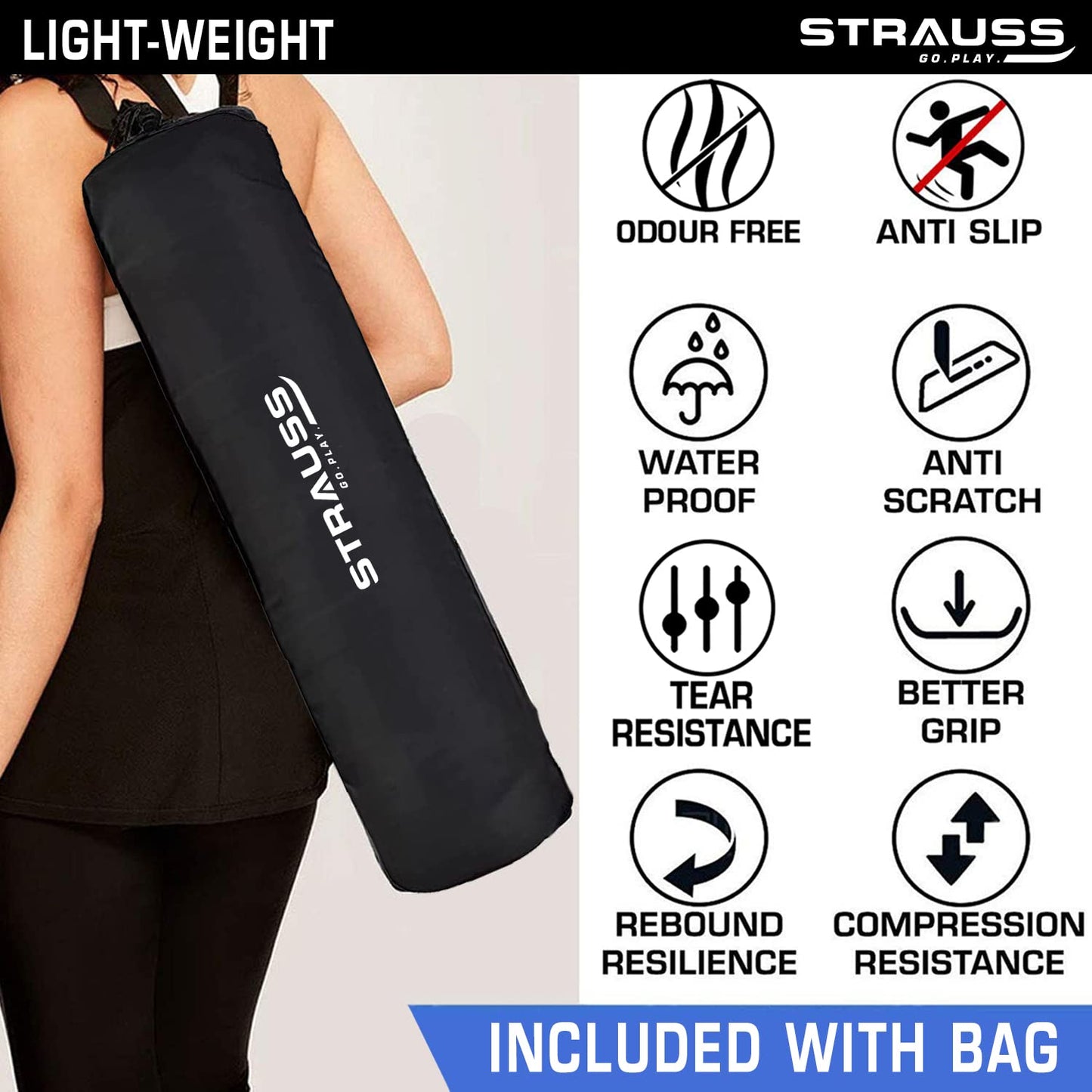 STRAUSS EVA Yoga Mat with Carry Bag, Non-Slip, Eco-Friendly, Lightweight, Durable, Ideal for Yoga, Pilates, Fitness, Men & Women, 4mm, Sky Blue