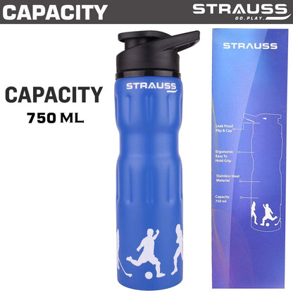 STRAUSS 750ML Stainless Steel Water Bottle, 100% Leak Proof, Eco-Friendly, BPA-Free, for Gym, Home, Hiking, Trekking, Travel, Kids, Blue