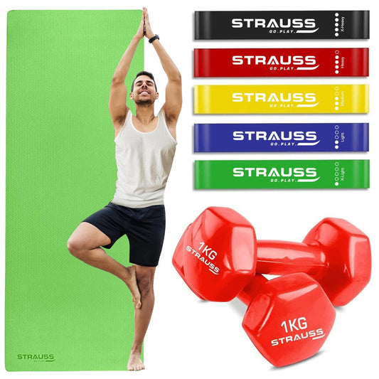 STRAUSS Yoga Combo Kit 6mm Green EVA Yoga Mat 5 Pack Multicolor Latex Resistance bands 2 Red Dumbbells1kg each Ideal for Yoga  Training