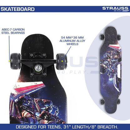 STRAUSS Plastic Spunkz Skateboard, Anti-Skid, Light-Up Wheels, High Precision Bearings, 31x8 Inch, Ideal for 8+ Years, Biker Brown