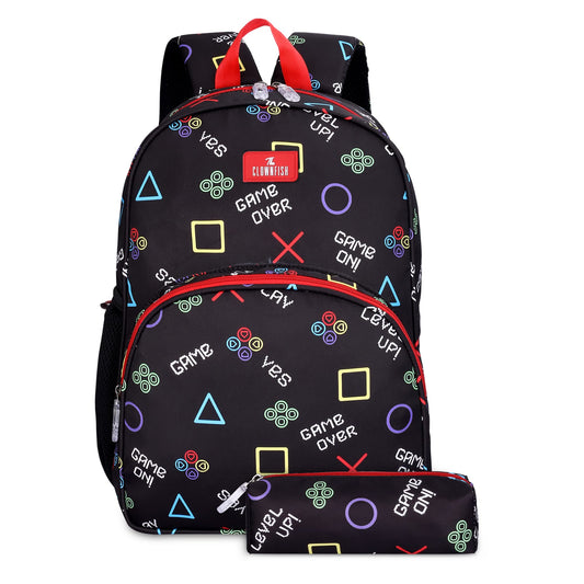 THE CLOWNFISH Cosmic Critters Series Printed Polyester 15 Litres Kids Backpack School Bag with Free Pencil Staionery Pouch Daypack Picnic Bag for Tiny Tots Of Age 5-7 Years Charcoal Black-Geometric