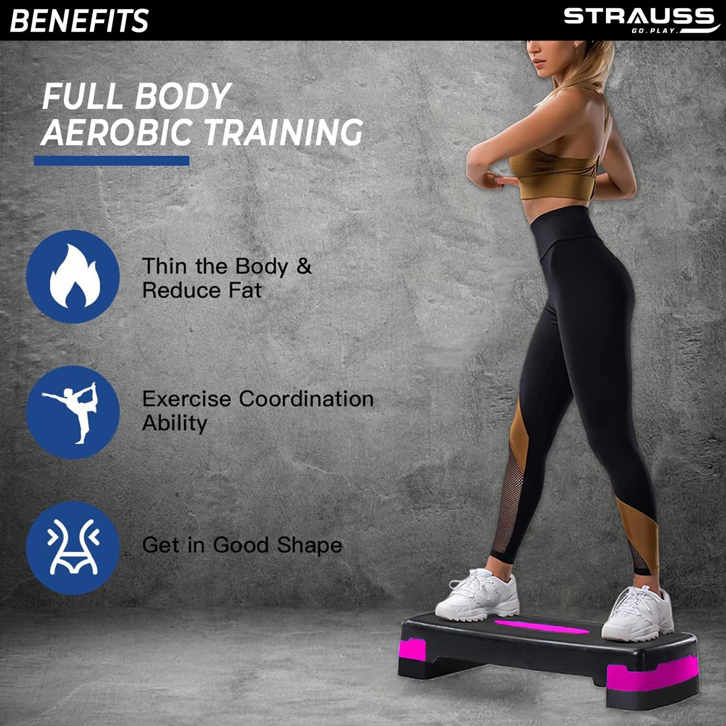 Strauss Aerobic Stepper: 4" & 6" height, slip-resistant, shock-absorbing, supports up to 200 KG, pink.