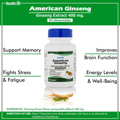 Healthvit American Ginseng 400mg 2 Ginsenosides  Supports Brain Function Boosts Immunity Energy  Memory  Vegan  Gluten Free  60 Capsules