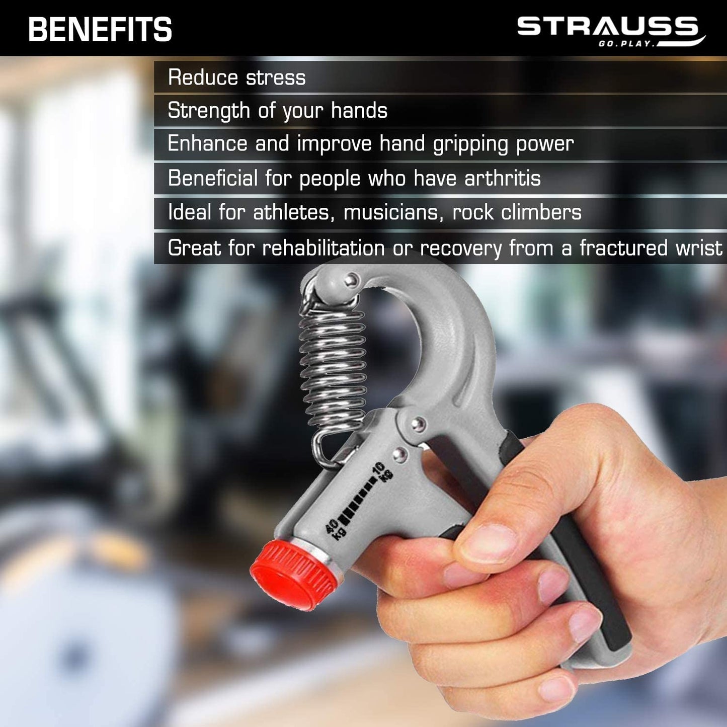 Strauss Adjustable Hand Grip 10KG-40KG for Home Gym Workouts, Perfect for Finger, Forearm, Hand Exercises for Men & Women, Black/Grey