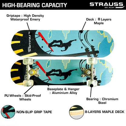 Strauss Bronx KD Lightweight Skateboard, 8 Layer Maple Deck, Non-Slip Grip Tape, PU Wheels, for Kids Age 5-9 Years