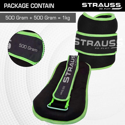 Strauss Adjustable Ankle/Wrist Weights 0.5 KG x 2 for Walking, Running, Jogging, Cycling, Gym, Strength Training. Easy to Use. Green.