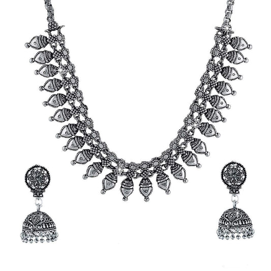 Yellow Chimes Ethnic German Silver Oxidised Coin Designed Choker Necklace Set with Earrings Traditional Jewellery Set for Women and Girls