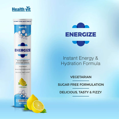 Healthvit Energize Electrolytes Energy Drink - Sugar-Free Instant Hydration Sports Drink 20 Effervescent Tablets Lemon Flavor