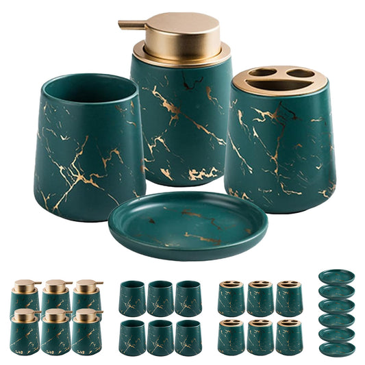 USHA SHRIRAM 4pcs Ceramic Bathroom Set: Soap Dispenser, Soap Holder, Toothbrush Holder, Tumbler, Handwash Dispenser, Soap Case, Green.