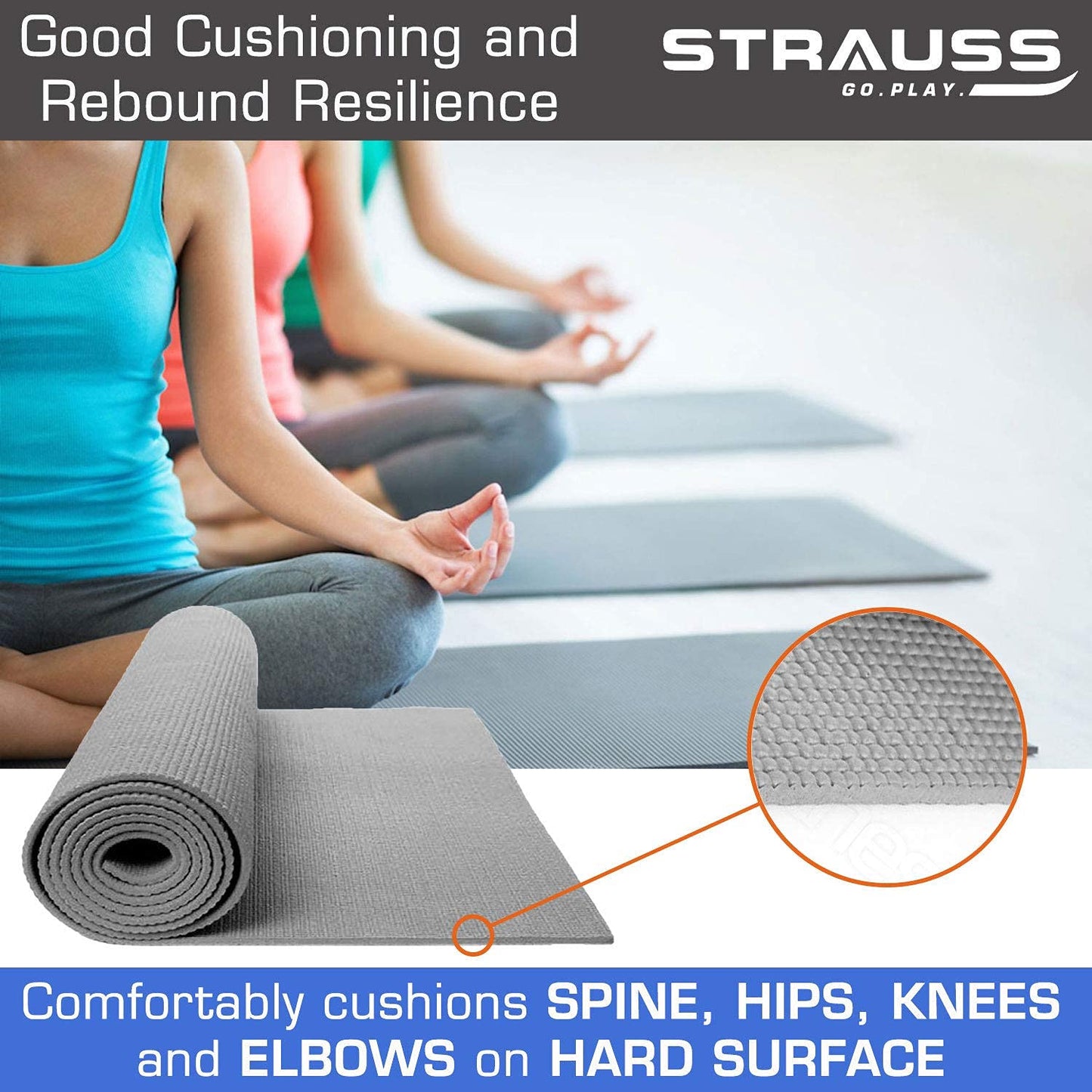 Strauss Eco-friendly Anti-Slip Yoga Mat with Carry Bag for Men & Women, Home Gym, Workout, Pilates, Floor Exercises. Sizes: 4mm, 6mm, 8mm. Grey.