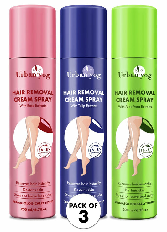 Urban Yog Hair Removal Cream Spray for Women 200 ML  3 Units  Combo Flavor - Tulip Aloe Vera and Rose  Painless Body Hair Removal Cream