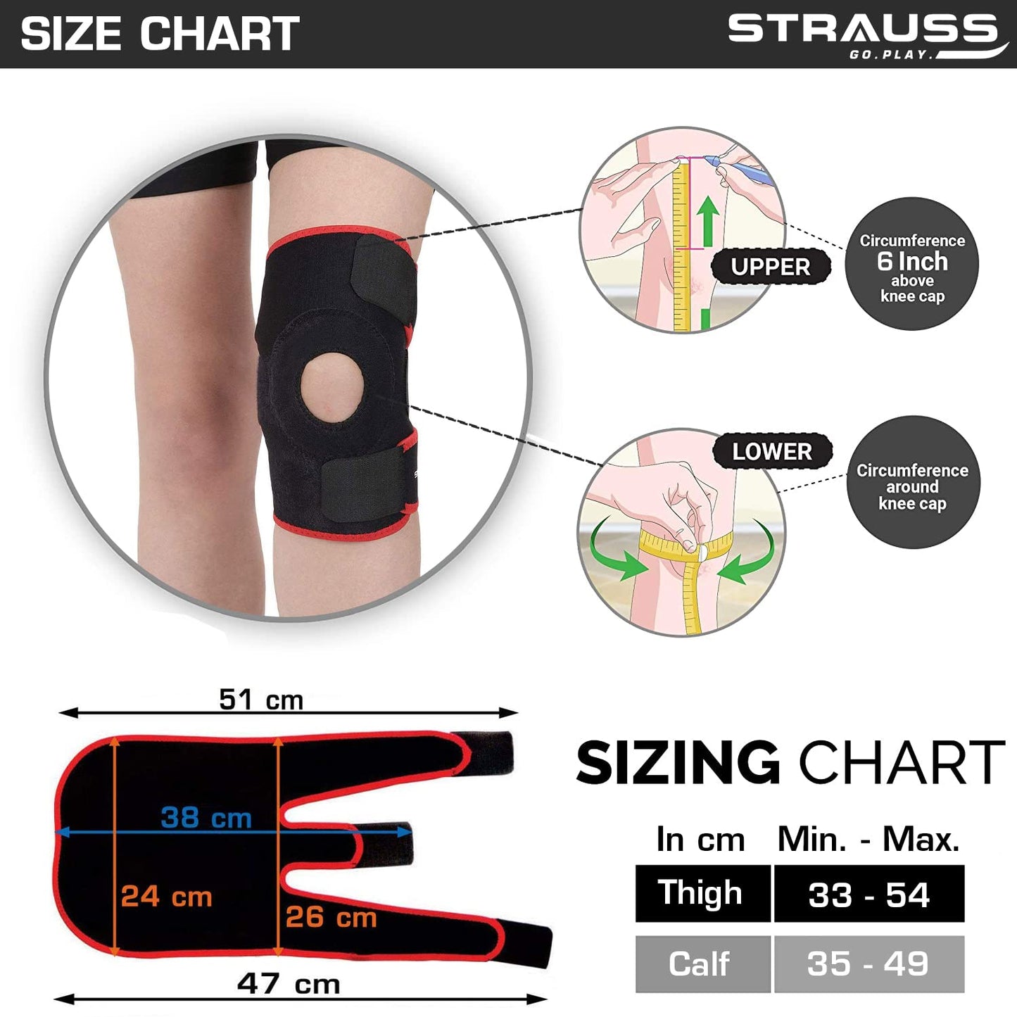 STRAUSS Adjustable Knee Support Patella Free Size Black Single