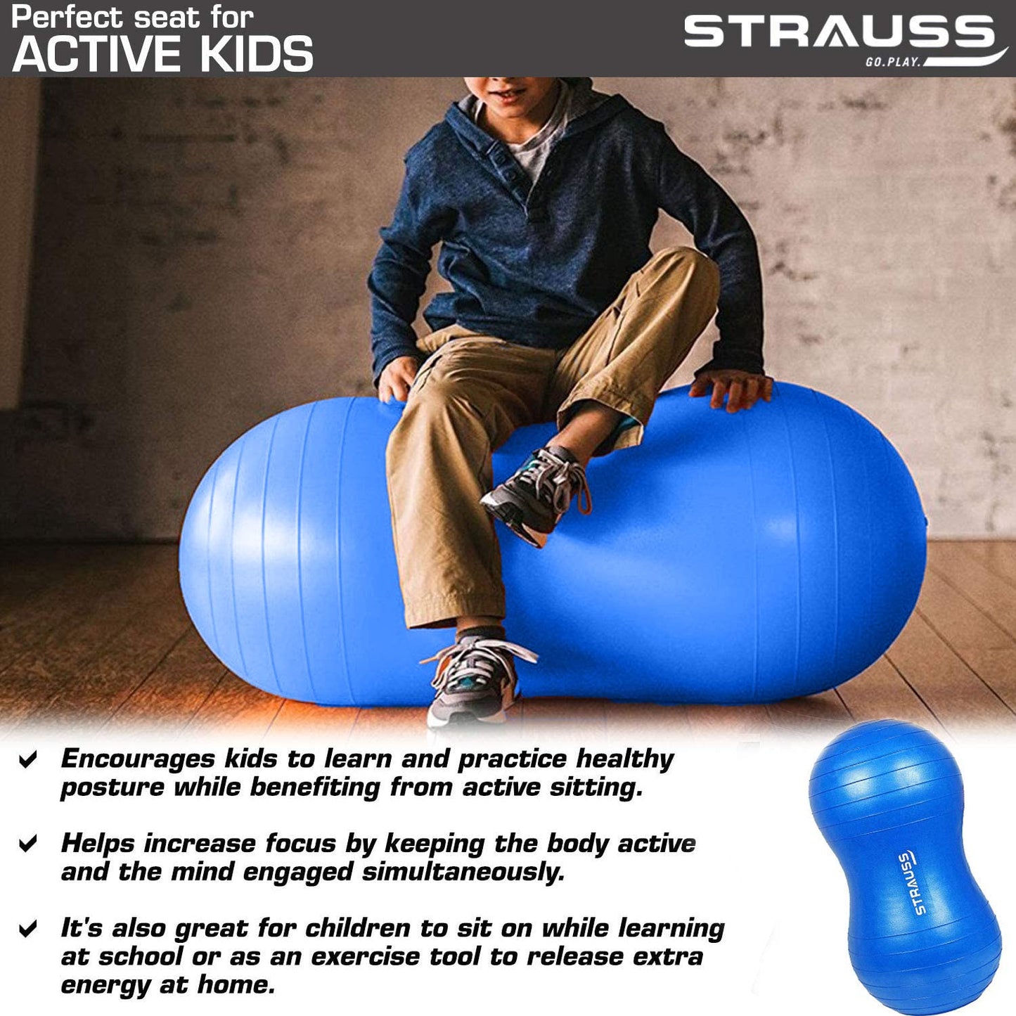 STRAUSS Anti-Burst Peanut Shape Gym Ball with Free Foot Pump, 95x45 cm, Blue. Ideal for Exercise, Yoga, Pregnancy, Balance.