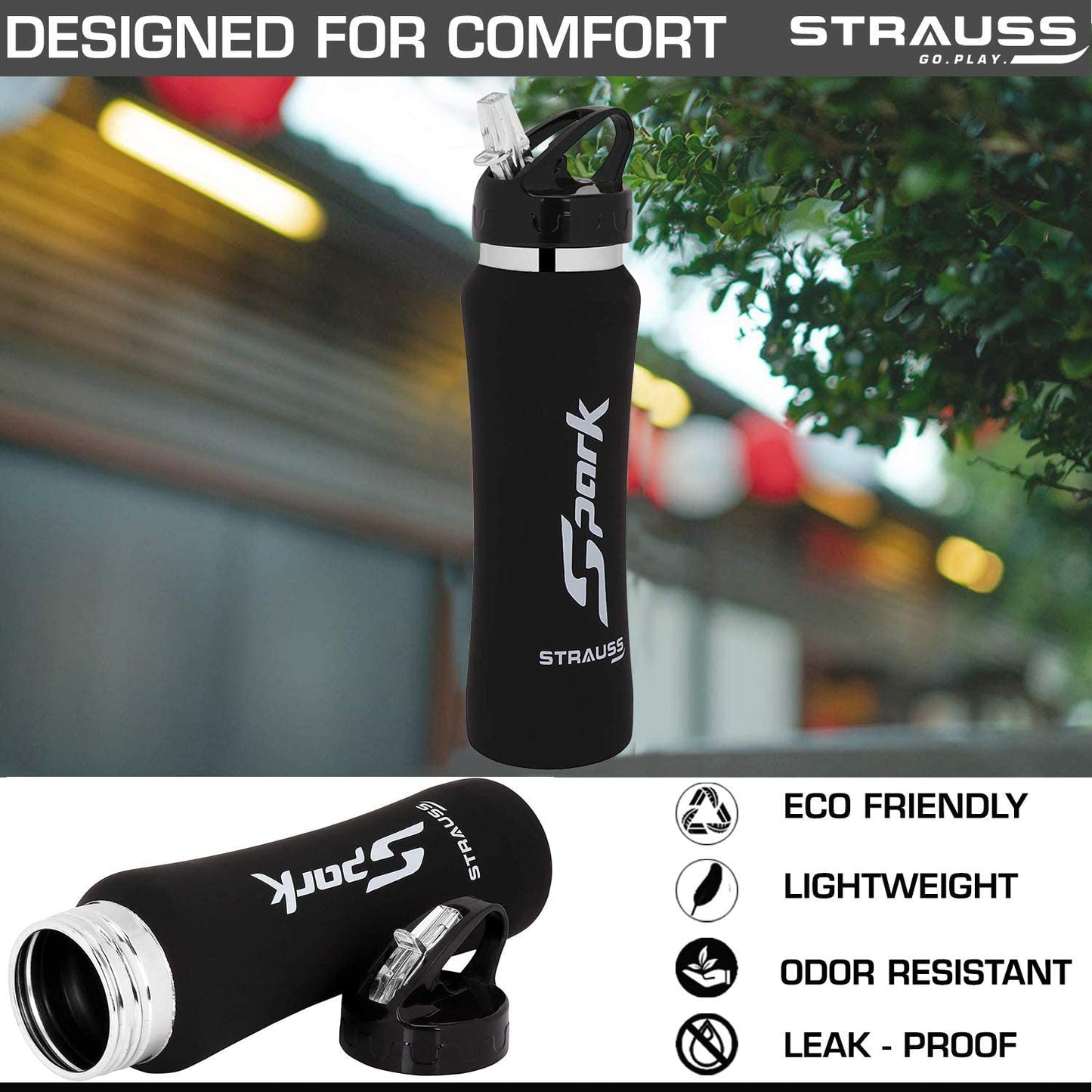 STRAUSS Spark 750ml Leak-Proof Stainless-Steel Water Bottle, Non-Toxic, BPA Free, for Travel, Hiking, Home, Office, School, Rubber Finish Black