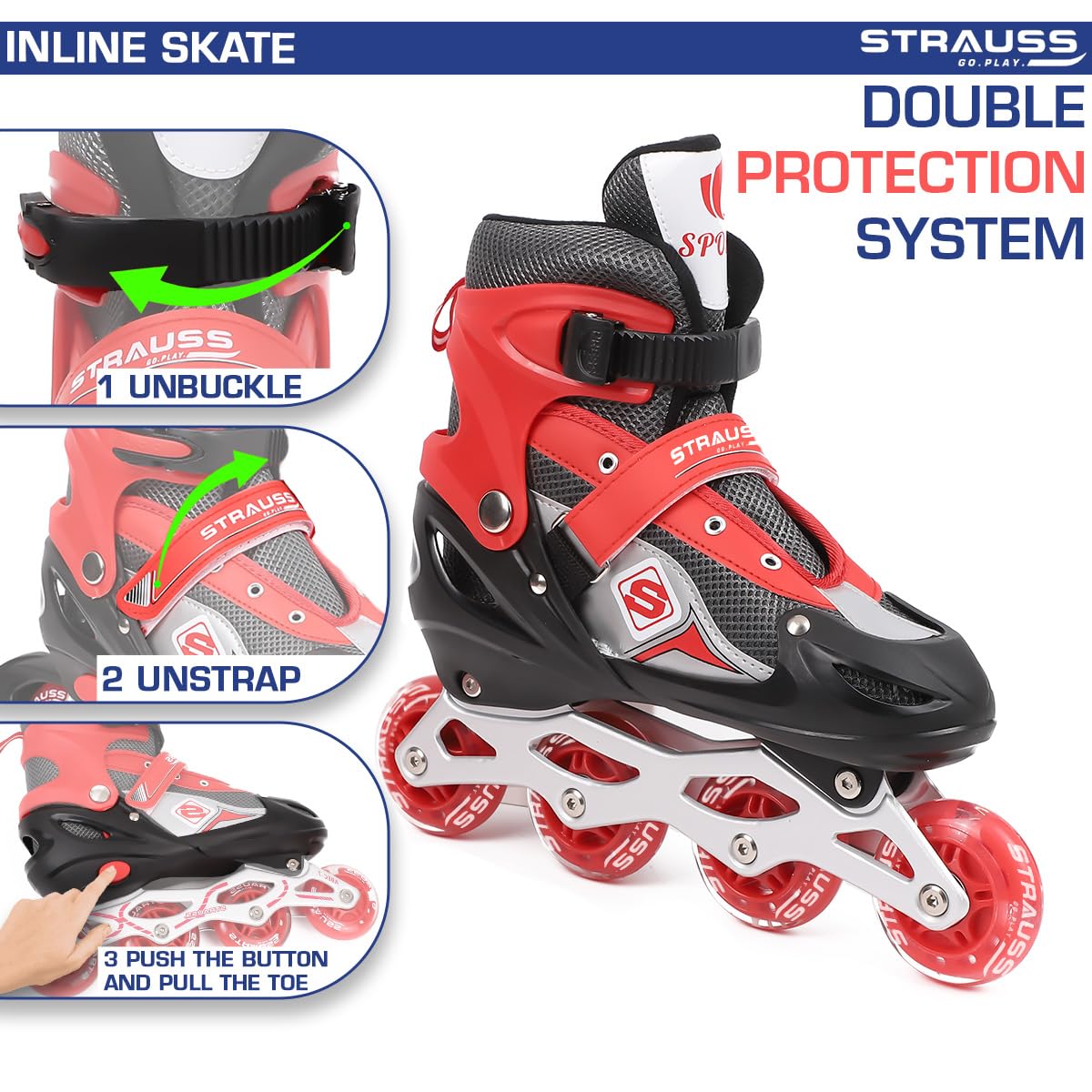 STRAUSS Vortex Adjustable Inline Skates for Boys & Girls, 4 Wheels, Beginner-Friendly, Enhanced Stability, Size L, Red