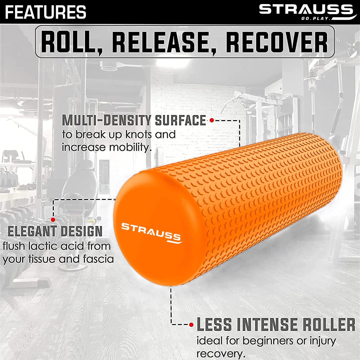 Strauss Yoga Foam Roller  Ideal For Exercise Muscle Recovery Physiotherapy Pain Relief  Myofascial  Deep Tissue Massage Roller 45 Cm Orange