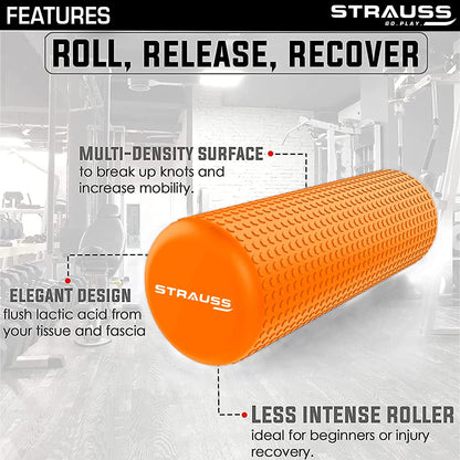 Strauss Yoga Foam Roller  Ideal For Exercise Muscle Recovery Physiotherapy Pain Relief  Myofascial  Deep Tissue Massage Roller 45 Cm Orange