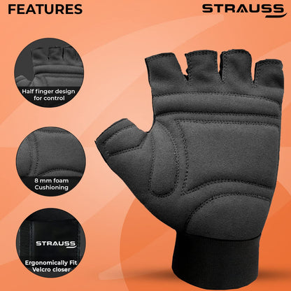 STRAUSS Suede Gym Gloves for Weightlifting, Cycling, Exercise. Half Finger, 8mm Foam Cushioning, Anti-Slip, Breathable Lycra, Black, XL.