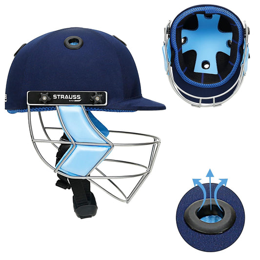 Strauss Cricket Helmet, Steel Grill, Medium, Age 15+, Blue, Lightweight, Advanced Protection, for Men & Women, Leather Ball