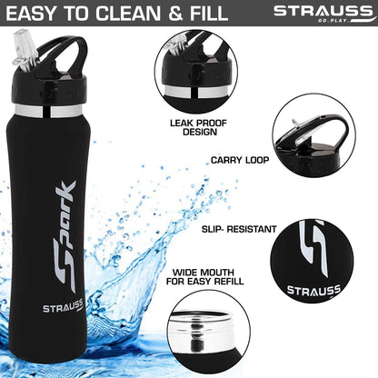 STRAUSS Spark 750ml Leak-Proof Stainless-Steel Water Bottle, Non-Toxic, BPA Free, for Travel, Hiking, Home, Office, School, Rubber Finish Black