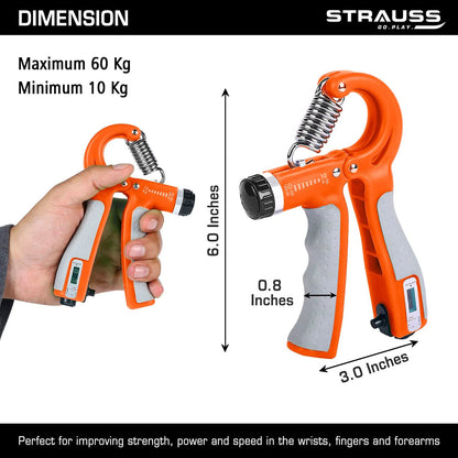 Strauss Adjustable Hand Grip with Counter, 10KG-60KG Resistance, Ideal for Forearm Exercises & Strength Building for Men & Women, Orange