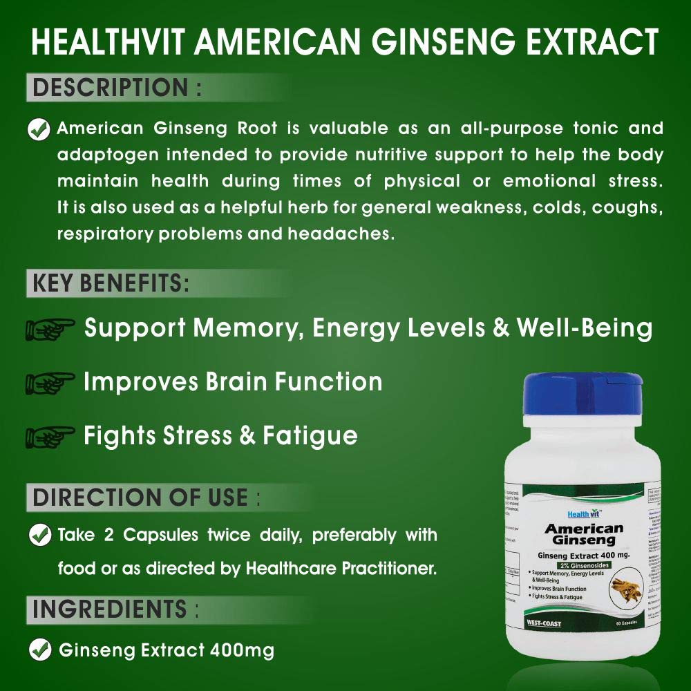 Healthvit American Ginseng 400mg 2 Ginsenosides  Supports Brain Function Boosts Immunity Energy  Memory  Vegan  Gluten Free  60 Capsules