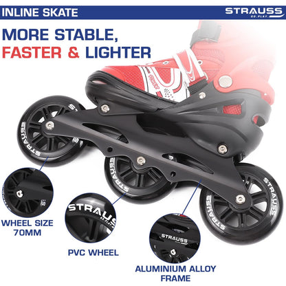 STRAUSS Blaze Adjustable Inline Skates for Boys & Girls, 3 Wheels, Beginner-Friendly, Enhanced Stability, Size M, Red