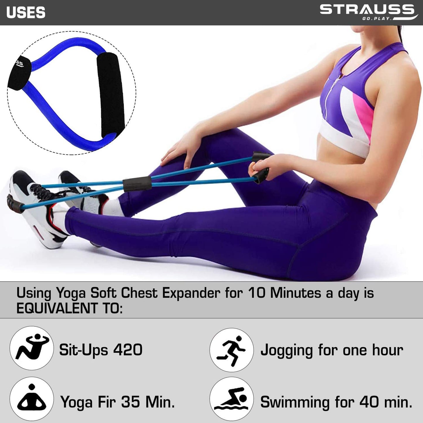 Strauss Yoga Chest Expander: Ideal for Yoga, Gym, Home Workout. Premium Natural Latex, Lightweight, Soft, Comfortable Handle, 8 Shape Resistance Tube.