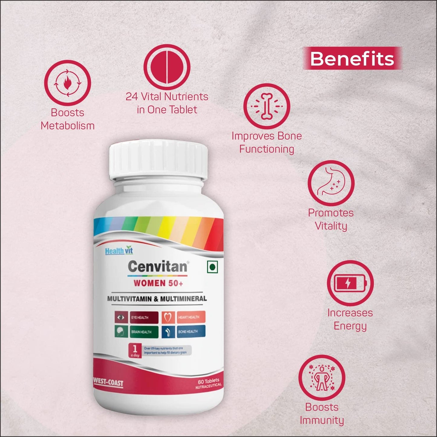 Healthvit Cenvitan Women 50 Multivitamins & Multimineral 25 Nutrients for Eye, Brain, Bone, Heart Health - 60 Tablets