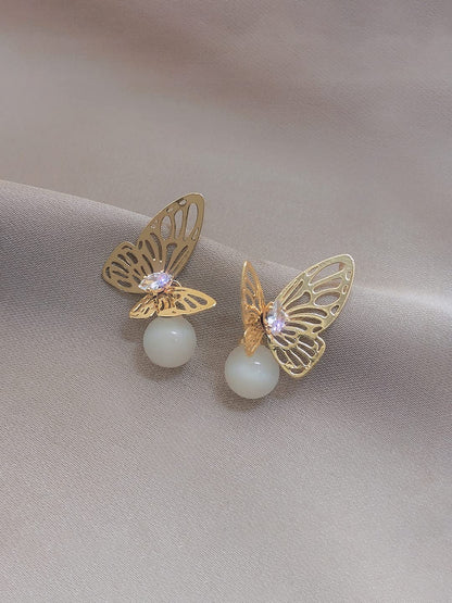 Yellow Chimes Earrings For Women Gold Tone Butterfly Stud With White Pearl Hanging Drop Earrings For Women and Girls