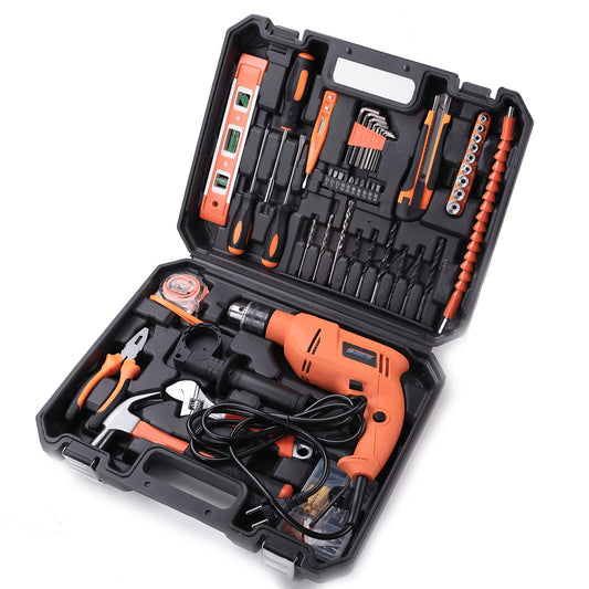 Cheston 13mm 600W Impact Drill Kit with 115 Pieces: Screwdriver, Hammer, Wrench, Plier, Cutter, Spirit Level, Tape.