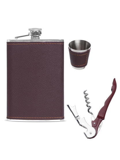 Yellow Chimes Exquisite Men Gifiting Set Hip Flask Gift Set Cork Opener with Brown Leather CoverHip Flask for Liquor for Men in a Gift Box