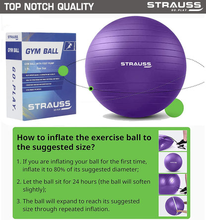 STRAUSS Anti-Burst Rubber Gym Ball, 85 cm, Purple, with Free Foot Pump for Exercise, Yoga, Pregnancy, Balance, Stability.