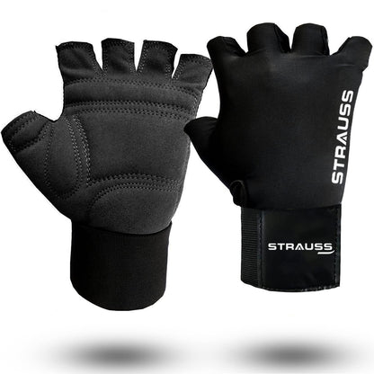 STRAUSS Suede Gym Gloves for Weightlifting, Cycling, Exercise. Half Finger, 8mm Foam Cushion, Anti-Slip, Breathable Lycra, Black, Large.