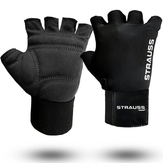 STRAUSS Suede Gym Gloves for Weightlifting, Cycling, Exercise. Half Finger, 8mm Foam Cushioning, Anti-Slip, Breathable Lycra, Black, XL.