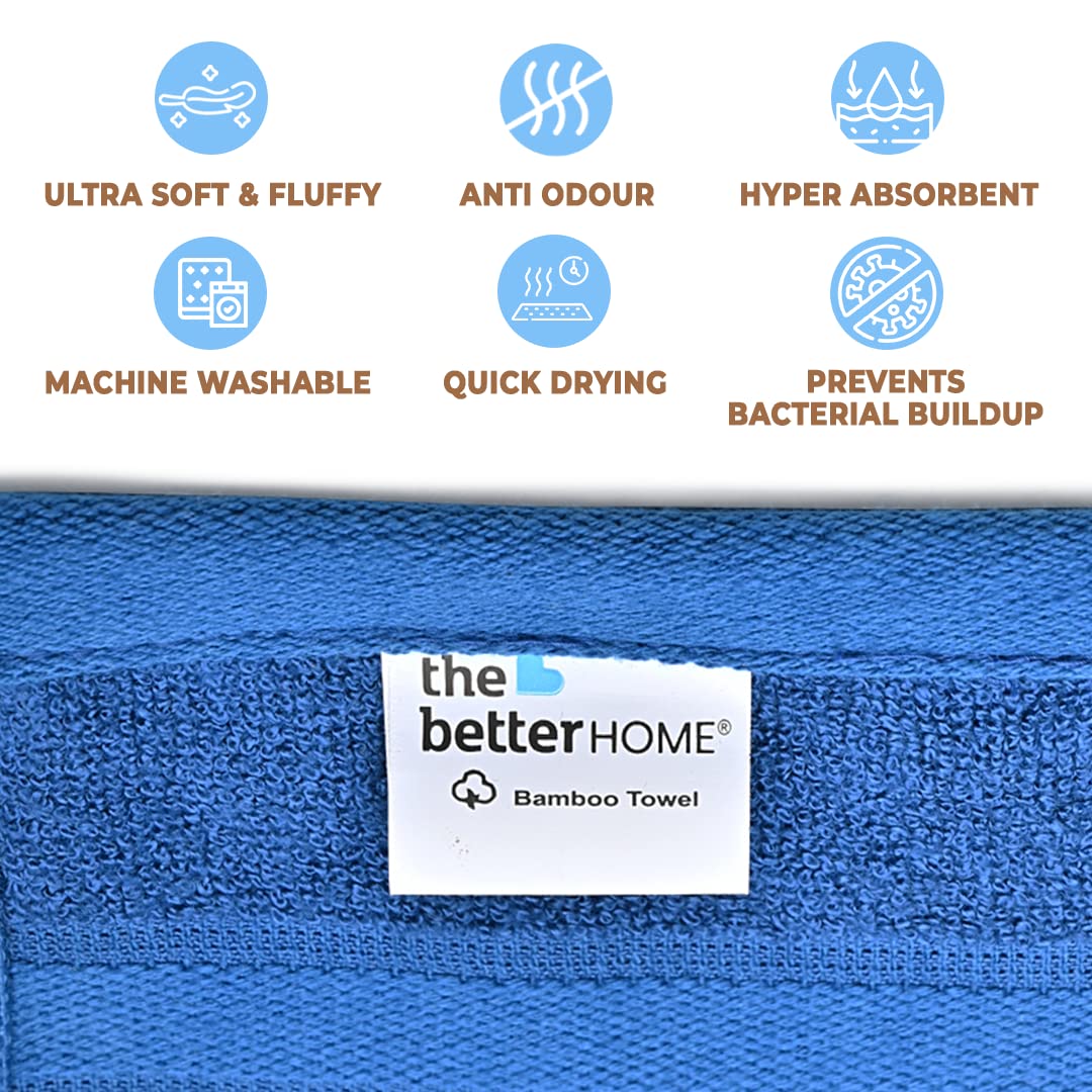 The Better Home 600GSM Bamboo Hand Towel, Anti-Odour, Anti-Bacterial, Ultra Absorbent, Quick Drying, Pack of 2, Blue.