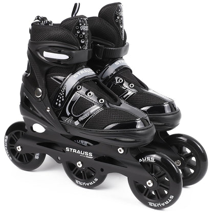 STRAUSS Trinity Adjustable Inline Skates for Boys & Girls, Beginner-Friendly, 3 Wheels, Enhanced Stability, Size M, Black