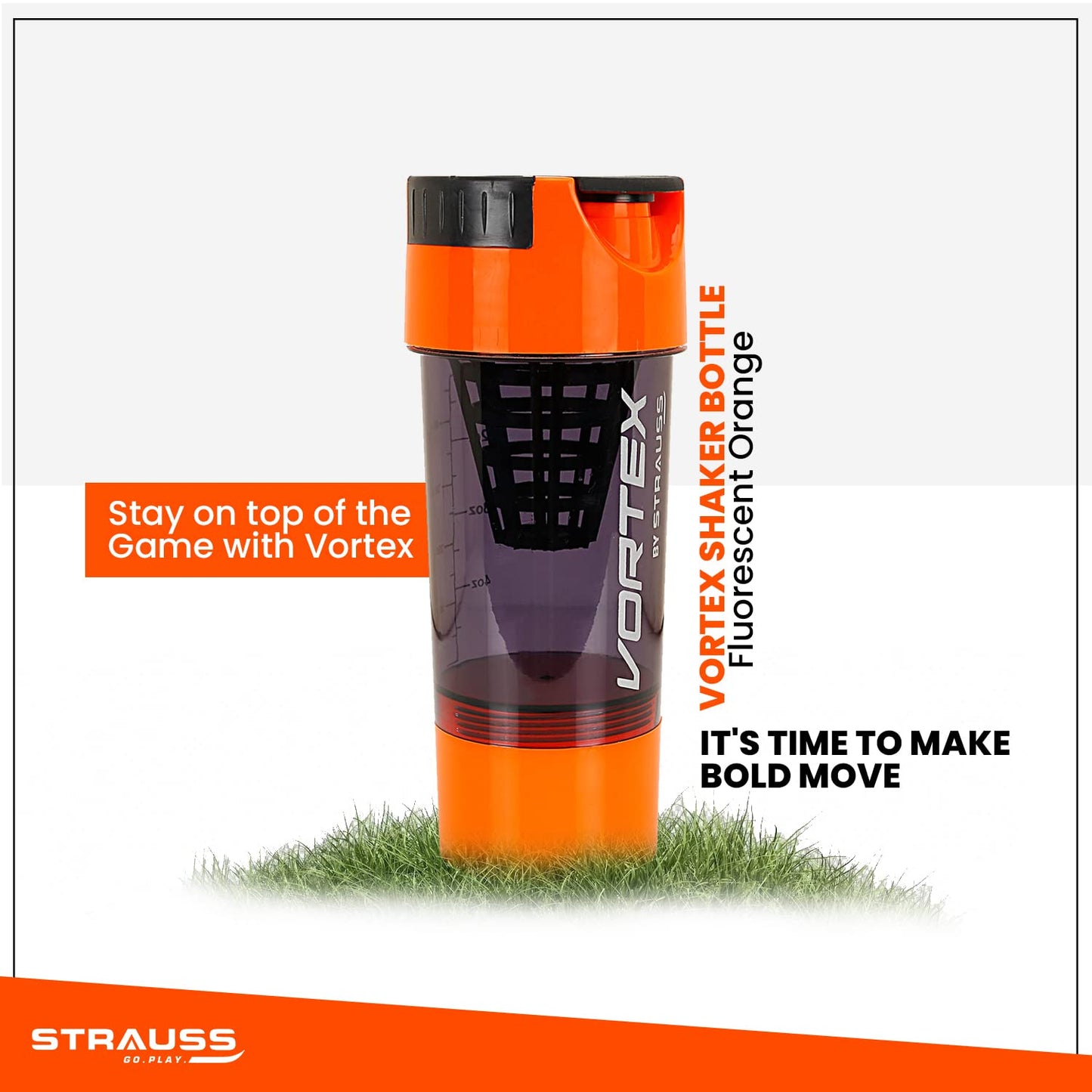 STRAUSS Vortex Shaker Bottle, 500ml, BPA-Free, Leakproof, 2 Storage Compartments, Ideal for Protein Shakes, Pre-Workout, BCAAs, Men & Women, Orange