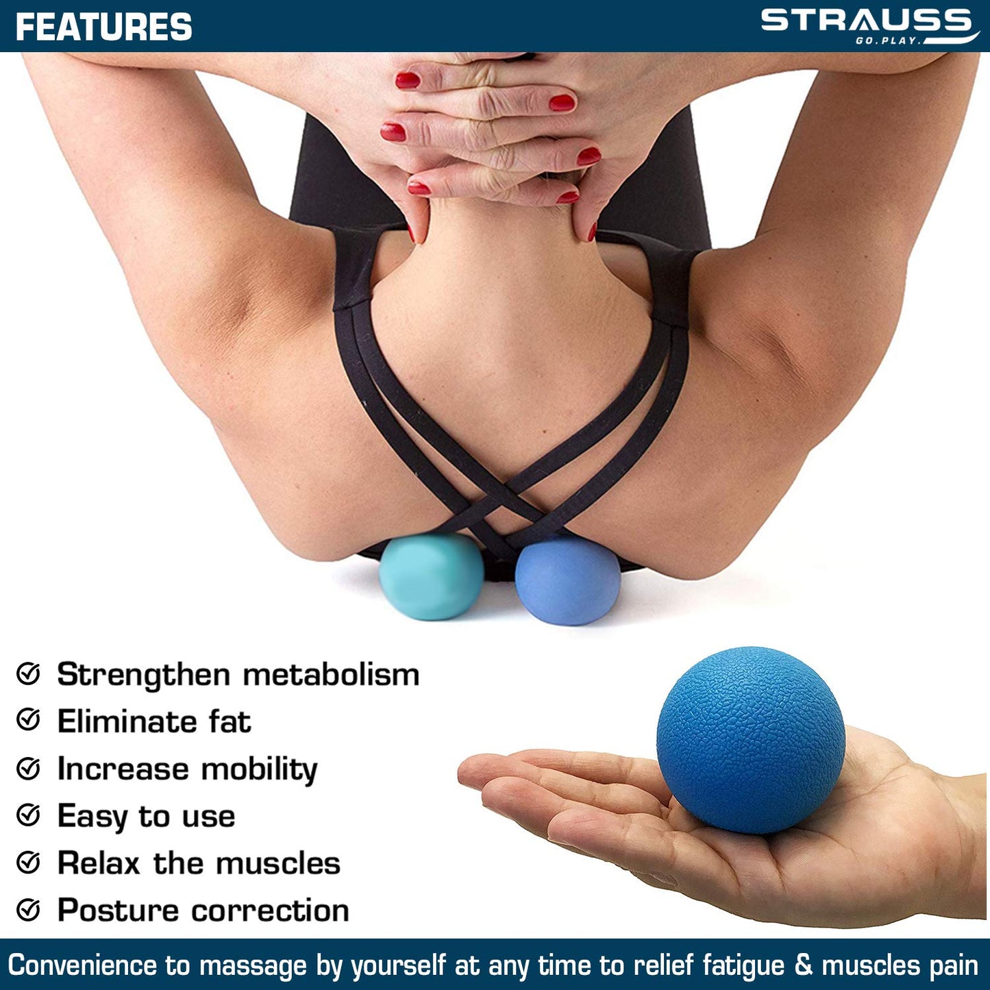 Strauss Yoga Massage Ball  Deep Tissue Massage Trigger Point Therapy Muscle Knots  High-Density Roller  Acupressure Ball for Pain Relief Blue