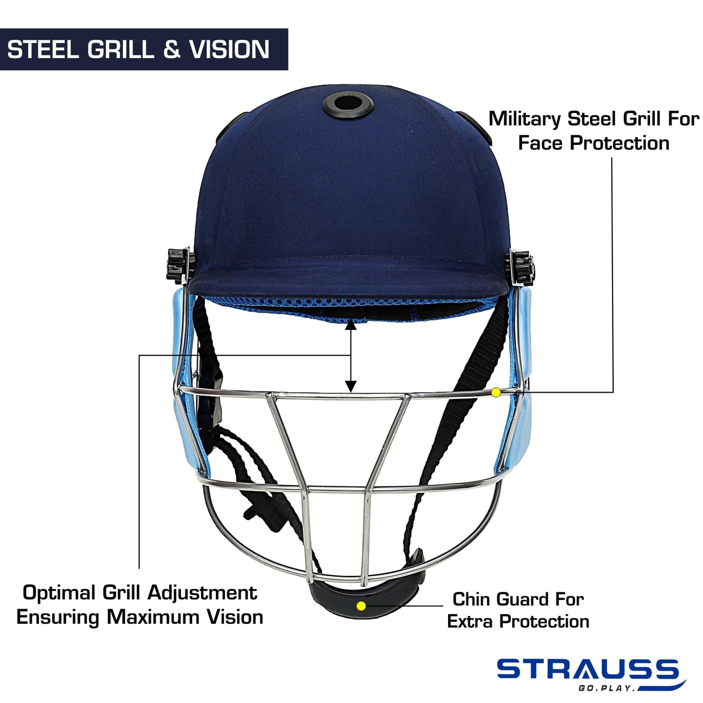 Strauss Cricket Helmet, Steel Grill, Medium, Age 15+, Blue, Lightweight, Advanced Protection, for Men & Women, Leather Ball