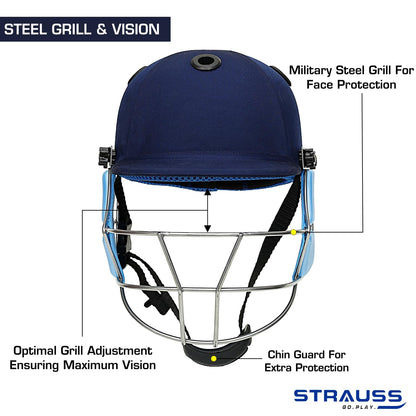 Strauss Cricket Helmet, Steel Grill, Medium, Age 15+, Blue, Lightweight, Advanced Protection, for Men & Women, Leather Ball