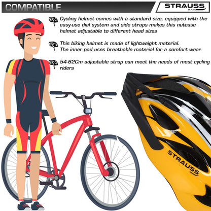 Strauss Adjustable Cycling Helmet, Lightweight, Superior Ventilation, EPS Foam, ABS Shell, for Adults & Kids, Black/Yellow.