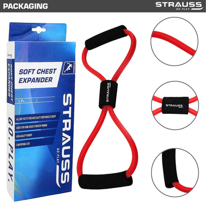 Strauss Yoga Chest Expander: Ideal for Yoga, Gym, Home Workout. Premium Natural Latex, Lightweight, Soft, Comfortable Handle, 8 Shape, Red.