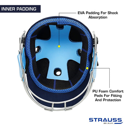 Strauss Cricket Helmet, Steel Grill, Medium, Age 15+, Blue, Lightweight, Advanced Protection, for Men & Women, Leather Ball